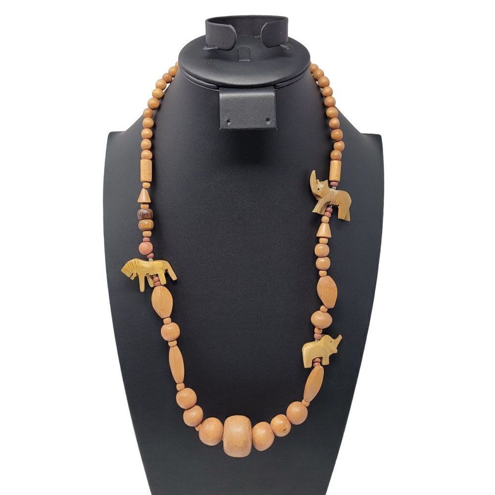 Vintage Carved Wood Animal‎ Beaded Opera Necklace Tribal 26” Long Barrel Closure